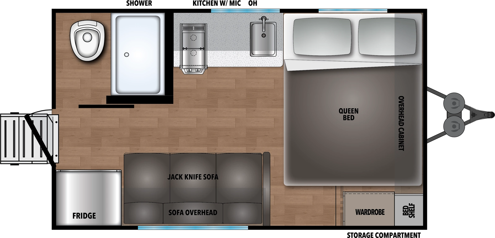 The Shasta I-5 Edition & Compact 16RE floorplan has one entry and zero slide outs. Exterior features include: metal exterior. Interiors features include: front bedroom.